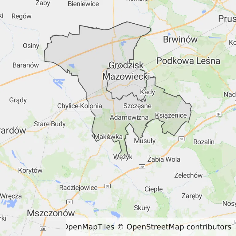Mapa z zaznaczonym Grodzisku Mazowieckim