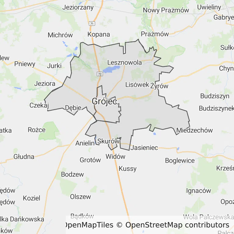 Mapa z zaznaczonym Grójcu