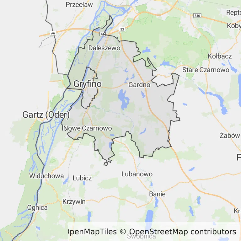 Mapa z zaznaczonym Gryfinem