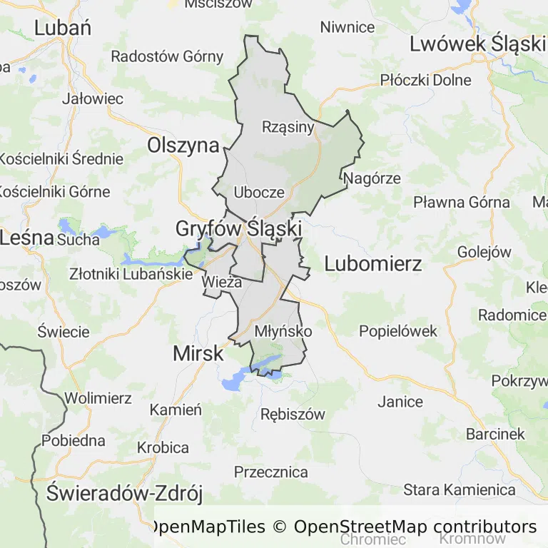 Mapa z zaznaczonym Gryfowie Śląskim