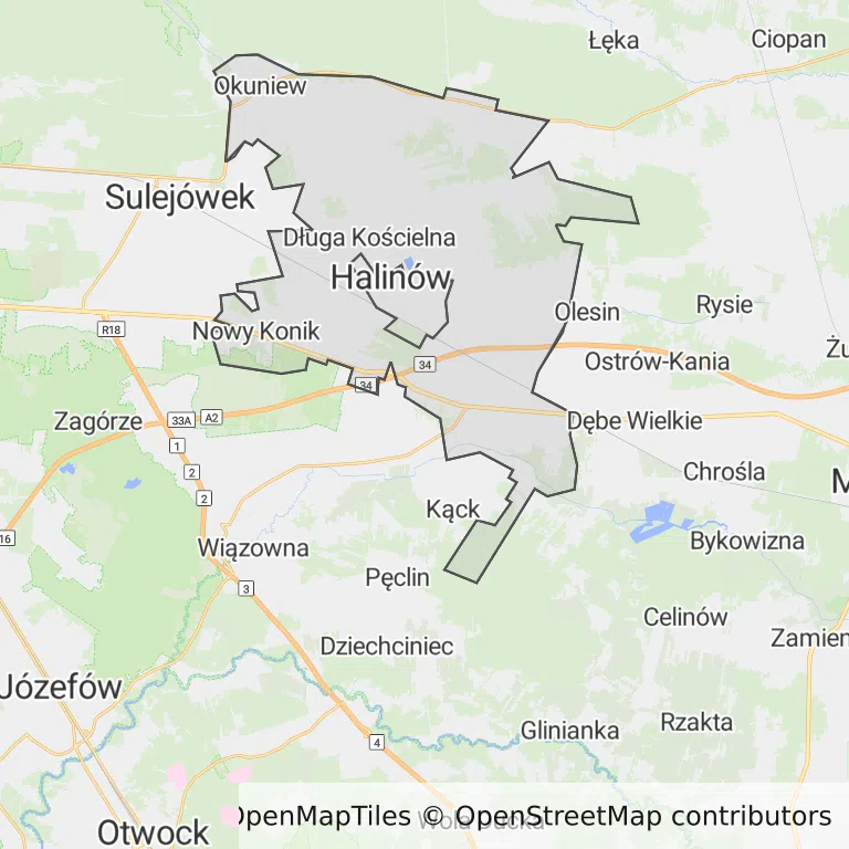 Mapa z zaznaczonym Halinowem