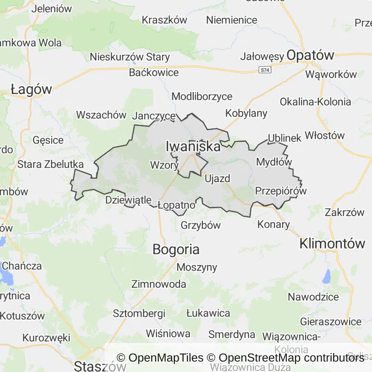 Mapa z zaznaczoną Iwaniskami