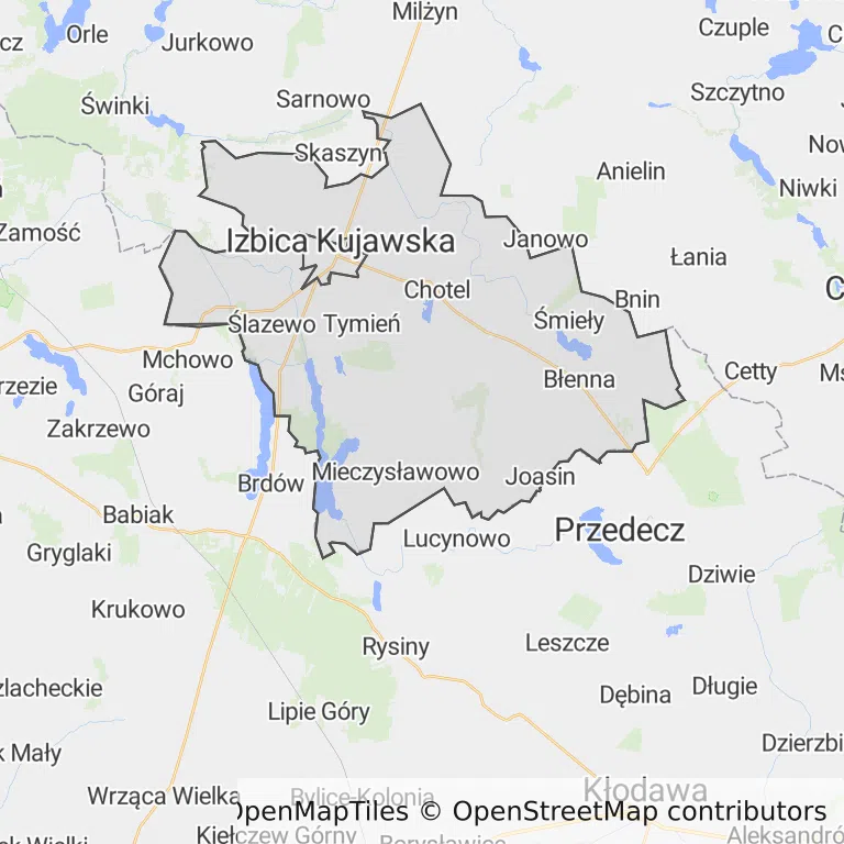 Mapa z zaznaczoną Izbicy Kujawskiej