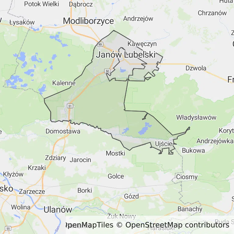 Mapa z zaznaczonym Janowie Lubelskim