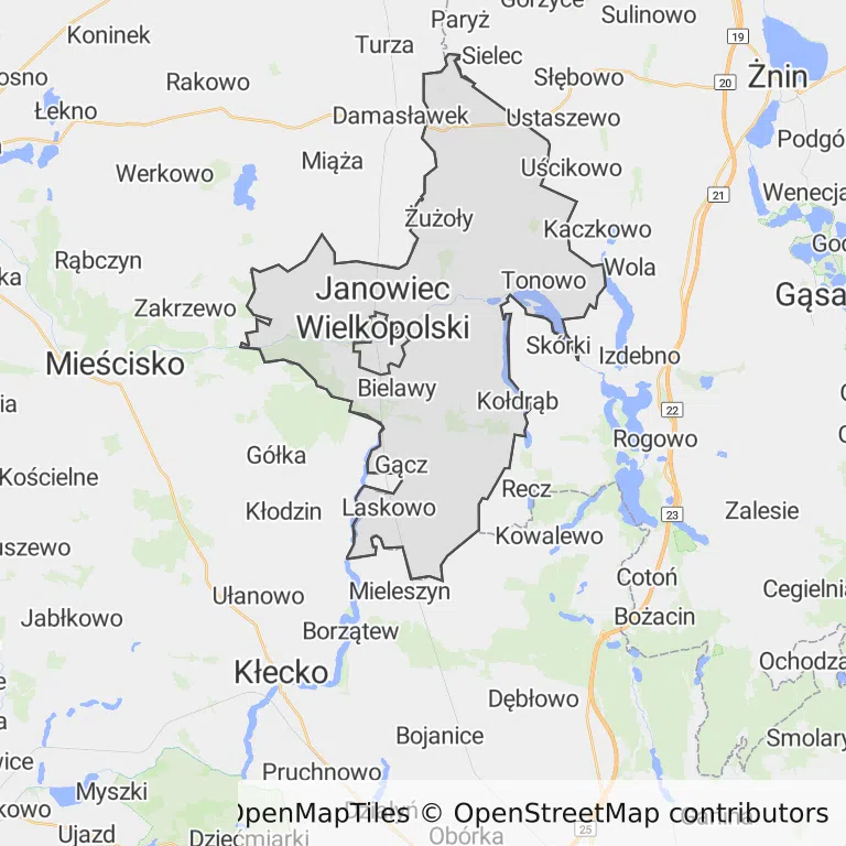Mapa z zaznaczonym Janowcu Wielkopolskim