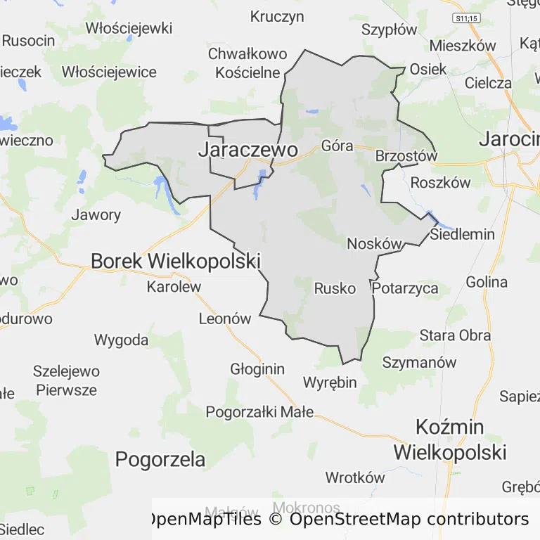 Mapa z zaznaczonym Jaraczewem