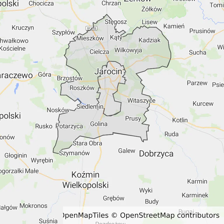 Mapa z zaznaczonym Jarocinem