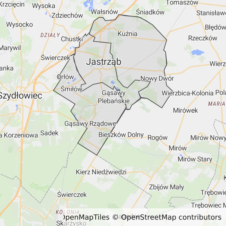 Mapa z zaznaczonym Jastrzębiu