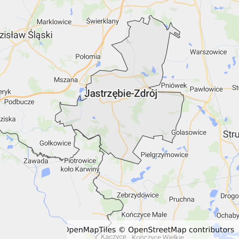 Mapa z zaznaczonym Jastrzębie-Zdroju