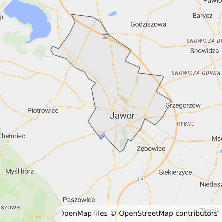 Mapa z zaznaczonym Jaworze