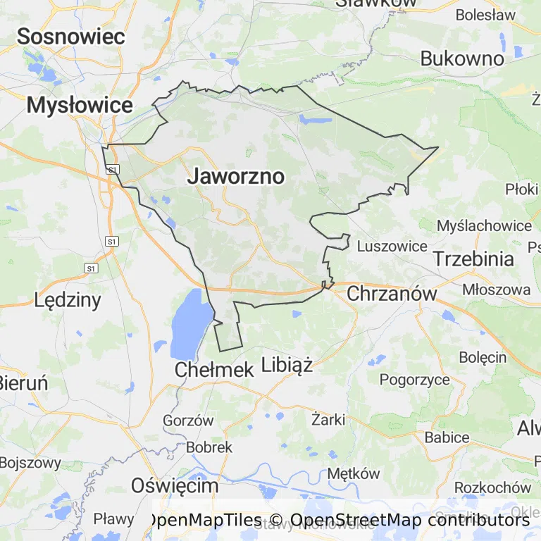 Mapa z zaznaczonym Jaworznem