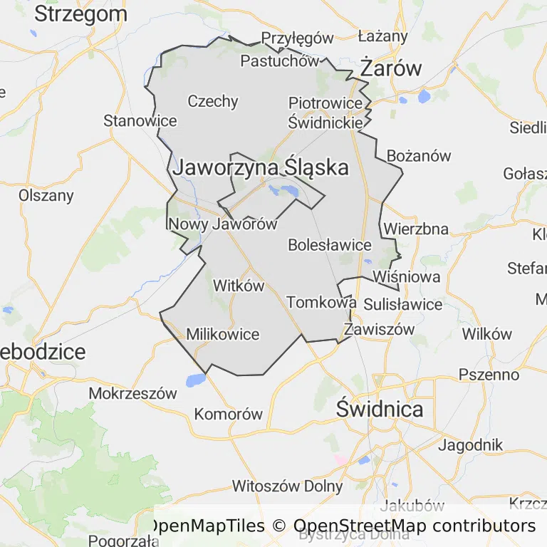 Mapa z zaznaczoną Jaworzynie Śląskiej