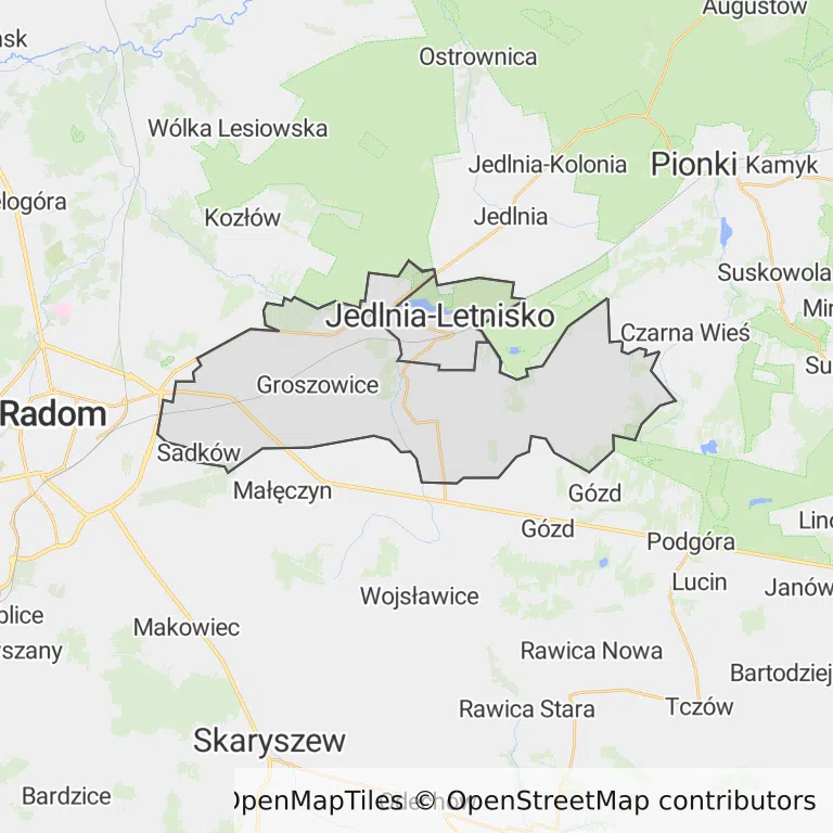 Mapa z zaznaczonym Jedlni-Letniskiem