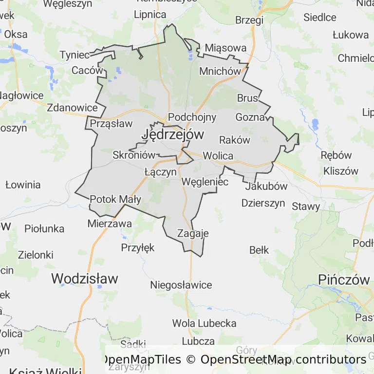 Mapa z zaznaczonym Jędrzejowem