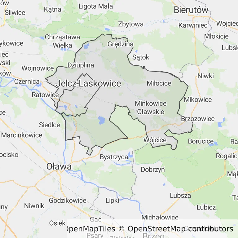 Mapa z zaznaczonymi Jelczu-Laskowicami