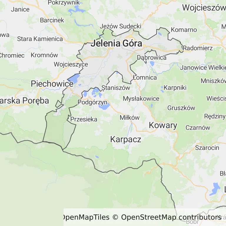 Mapa z zaznaczoną Jeleniej Górze