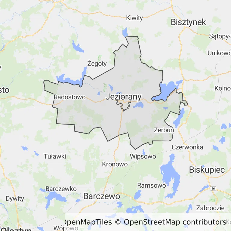 Mapa z zaznaczonym Jezioranami