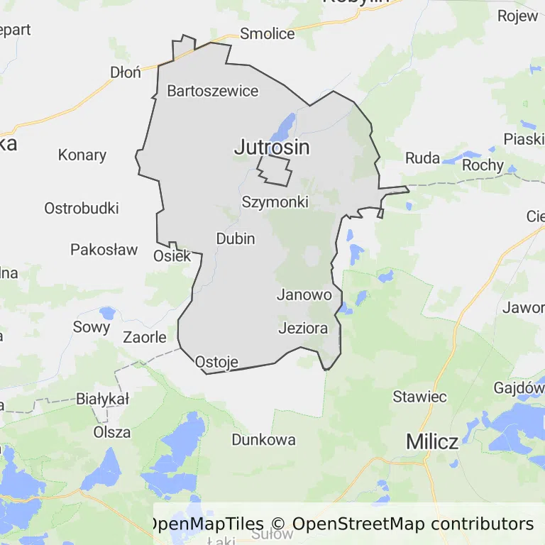 Mapa z zaznaczonym Jutrosinem