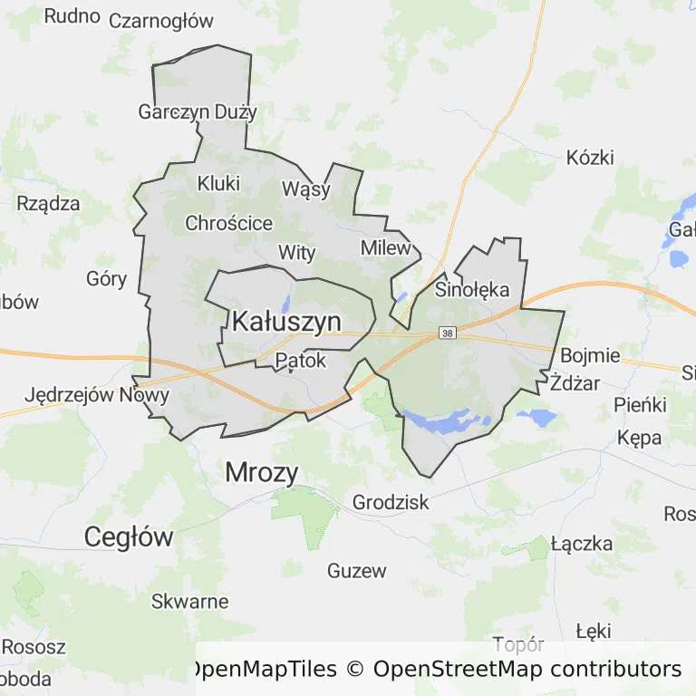 Mapa z zaznaczonym Kałuszynem