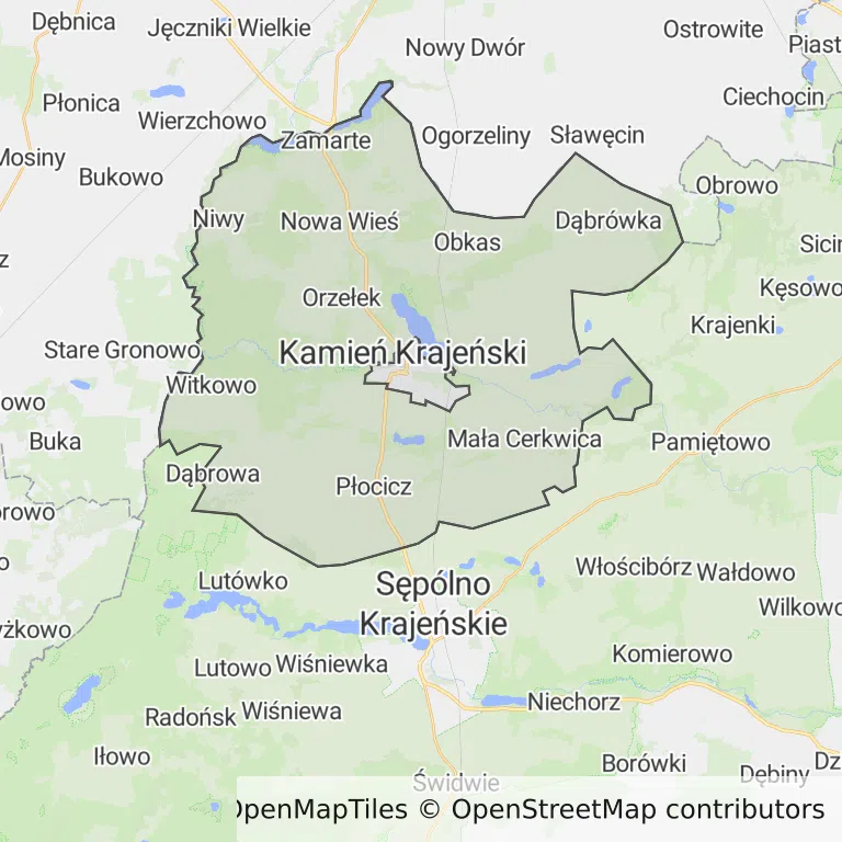 Mapa z zaznaczonym Kamieniu Krajeńskim