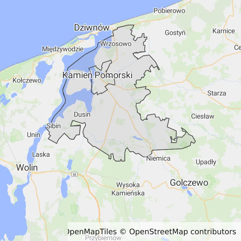 Mapa z zaznaczonym Kamieniu Pomorskim