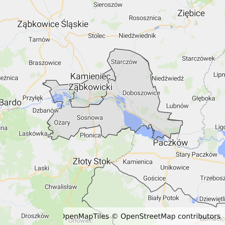 Mapa z zaznaczonym Kamieńcu Ząbkowickim