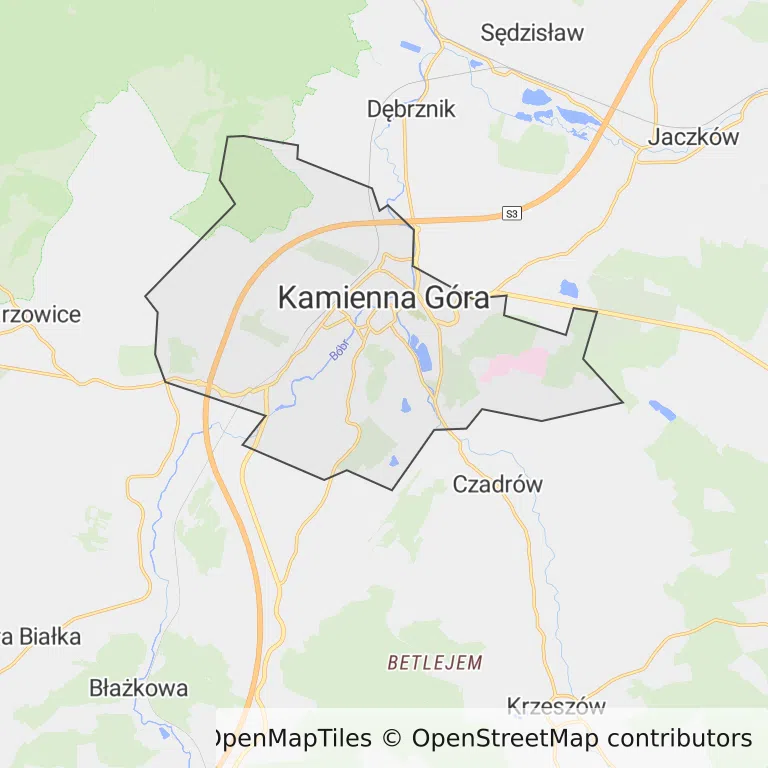 Mapa z zaznaczoną Kamiennej Górze