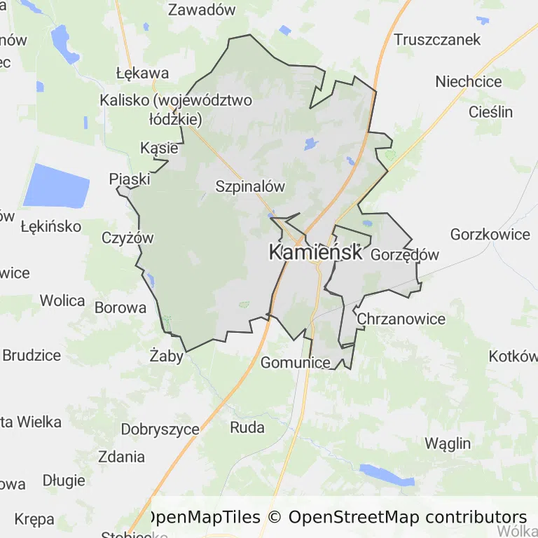 Mapa z zaznaczonym Kamieńskiem