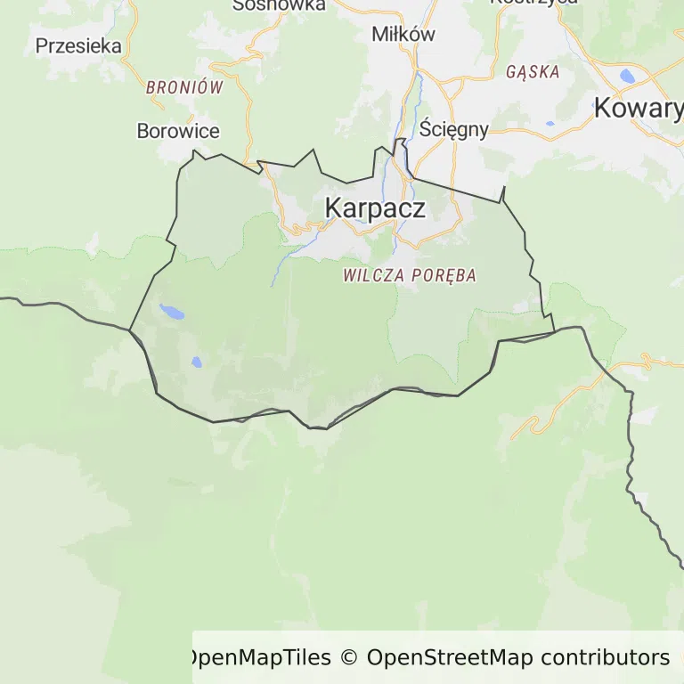 Mapa z zaznaczonym Karpaczem