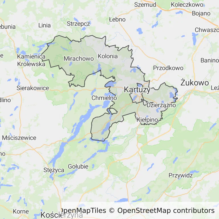 Mapa z zaznaczonym Kartuzami