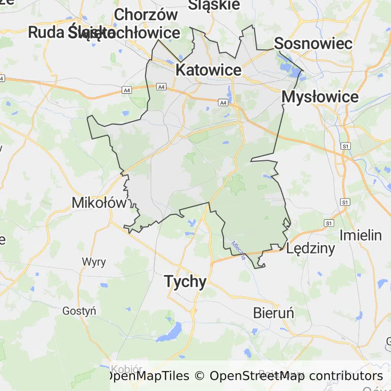 Mapa z zaznaczonymi Katowicami