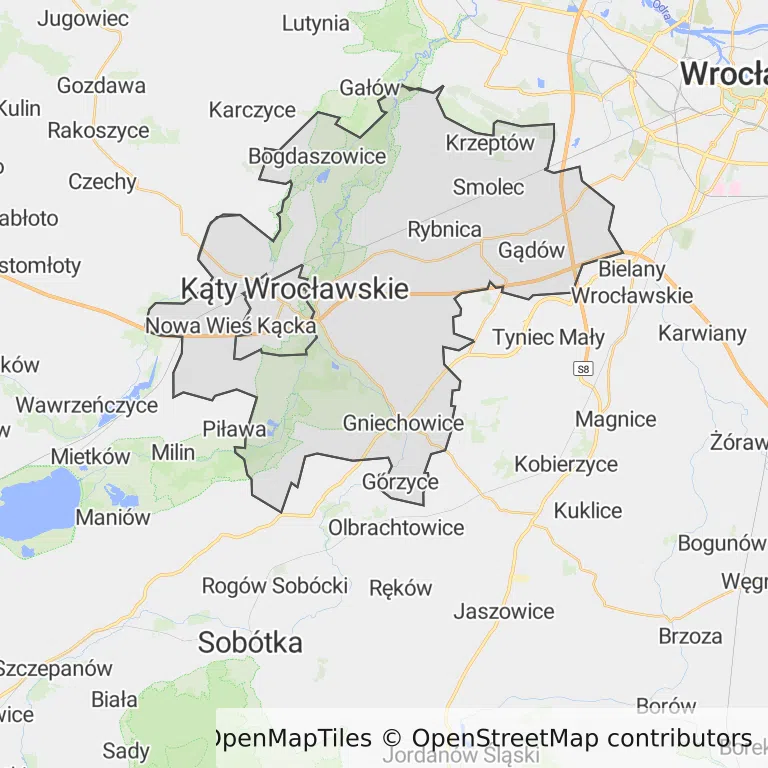 Mapa z zaznaczonym Kątach Wrocławskich