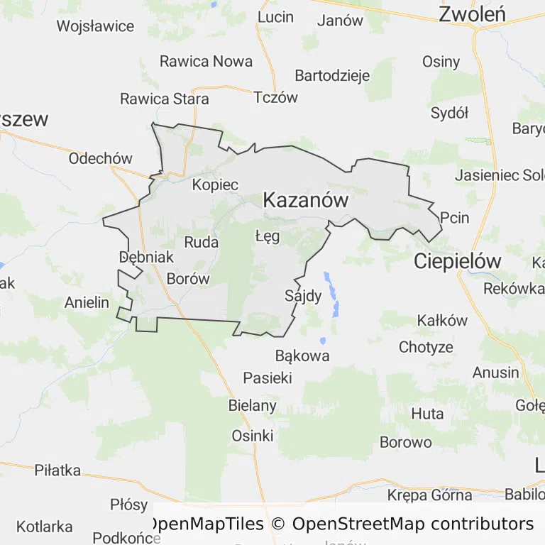 Mapa z zaznaczonym Kazanowem