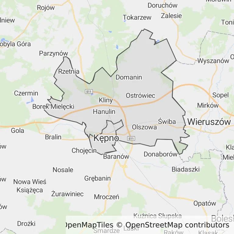 Mapa z zaznaczonym Kępnem