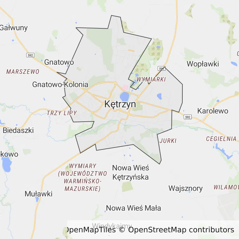 Mapa z zaznaczonym Kętrzynem