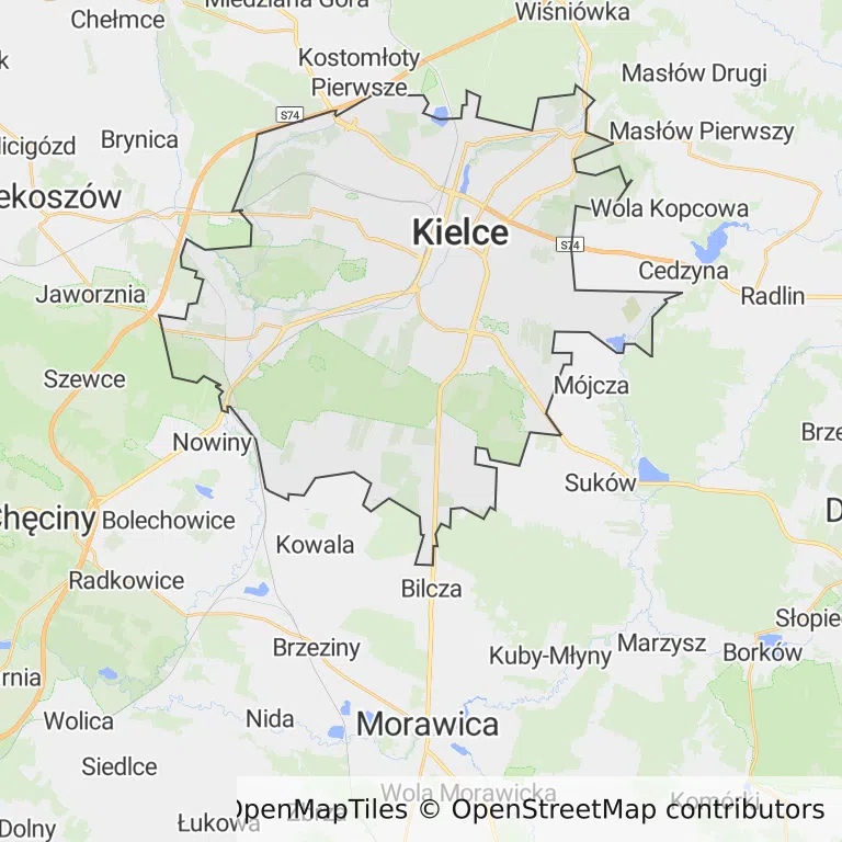 Mapa z zaznaczonymi Kielcami
