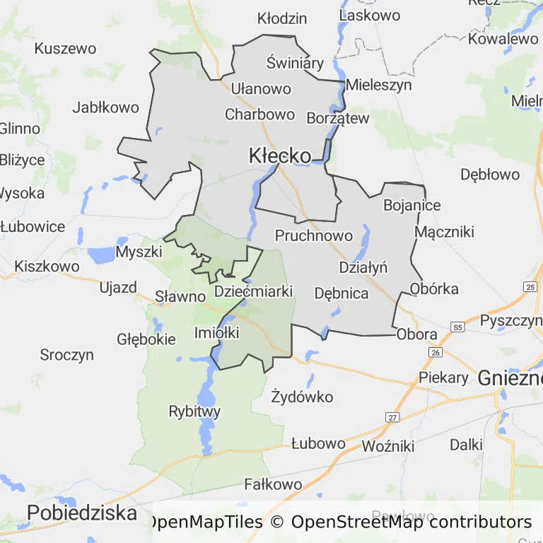 Mapa z zaznaczonym Kłeckiem