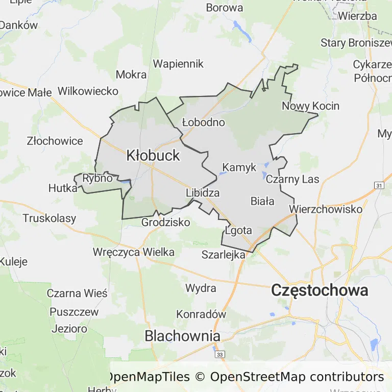 Mapa z zaznaczonym Kłobuckiem