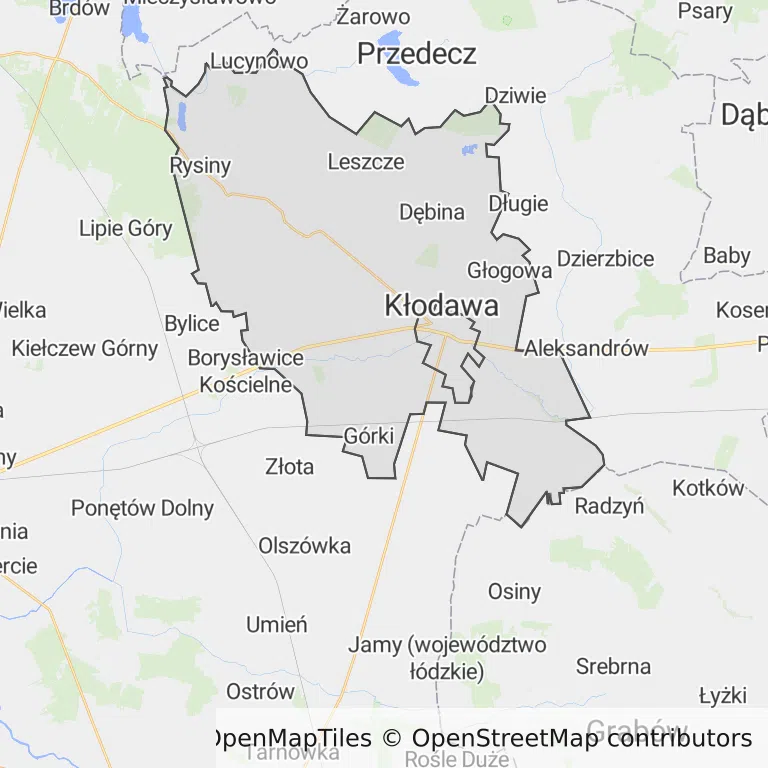 Mapa z zaznaczoną Kłodawem