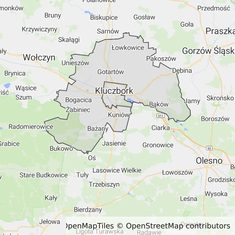 Mapa z zaznaczonym Kluczborkiem