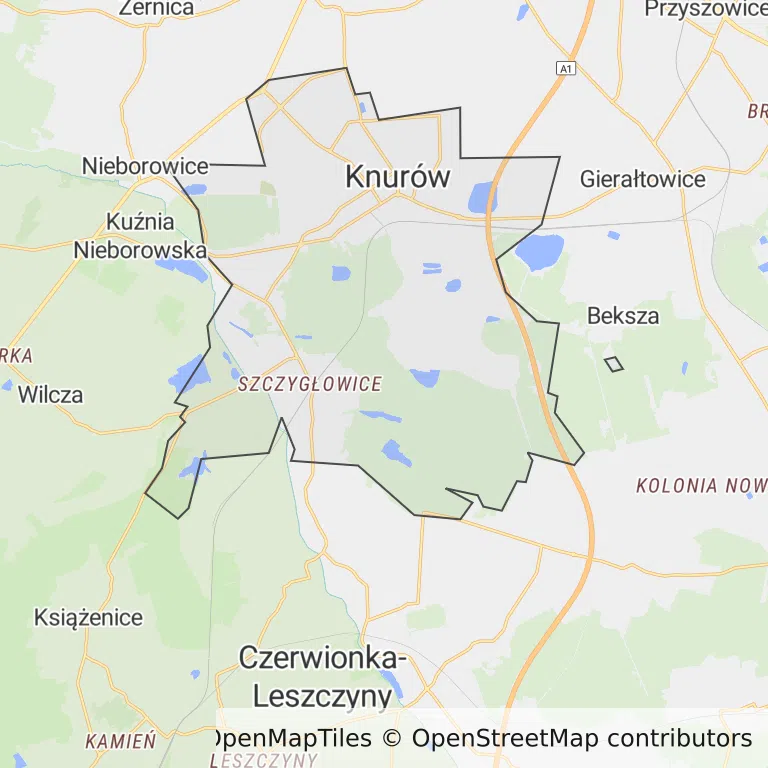Mapa z zaznaczonym Knurowem
