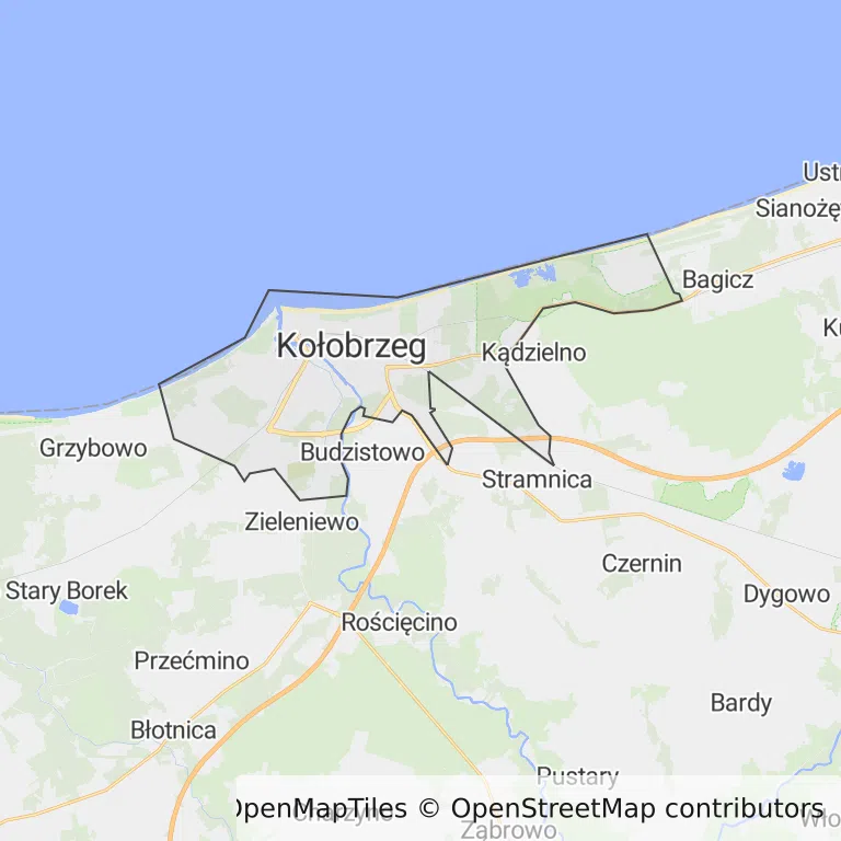 Mapa z zaznaczonym Kołobrzegiem