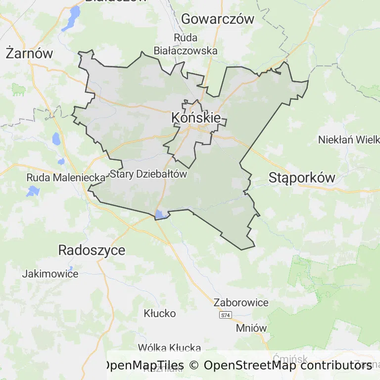 Mapa z zaznaczonym Końskich