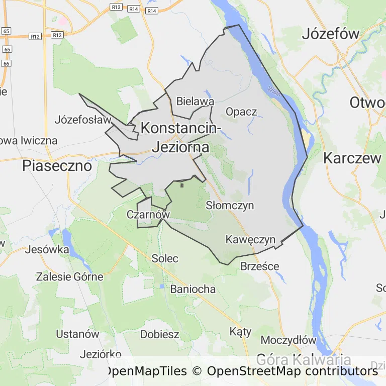 Mapa z zaznaczoną Konstancinie-Jeziornem