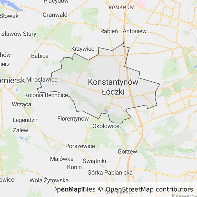 Mapa z zaznaczonym Konstantynowie Łódzkim