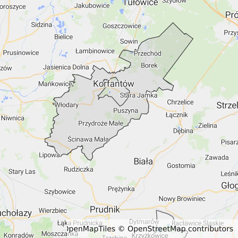 Mapa z zaznaczonym Korfantowem