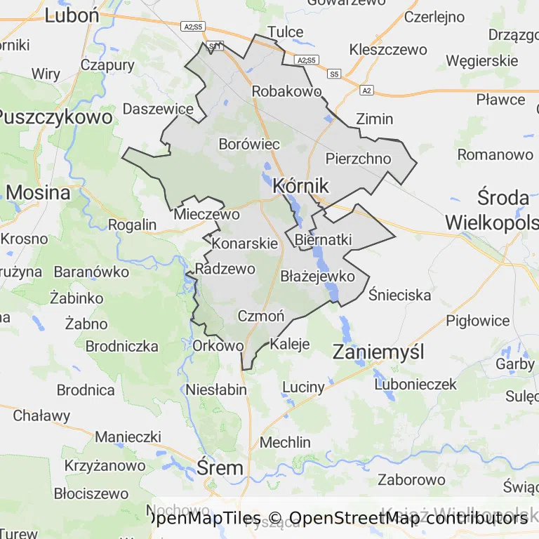 Mapa z zaznaczonym Kórnikiem