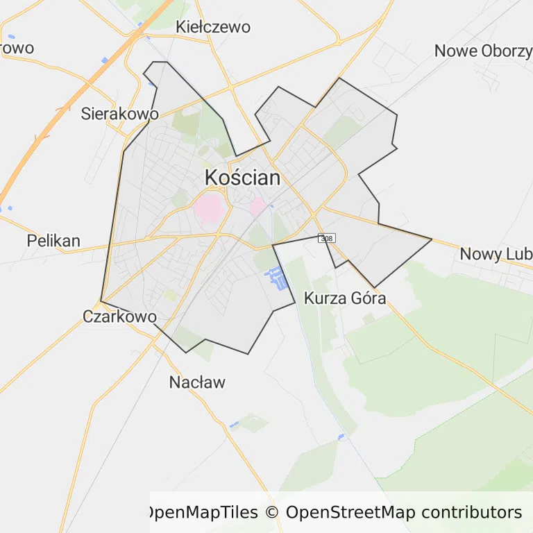Mapa z zaznaczonym Kościanem