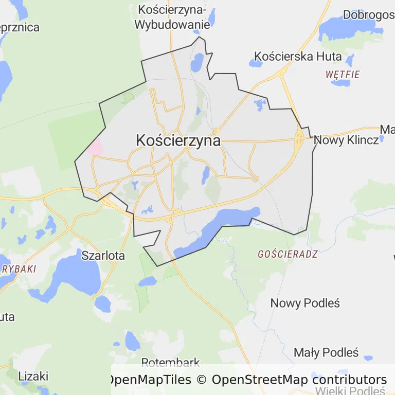 Mapa z zaznaczoną Kościerzynem