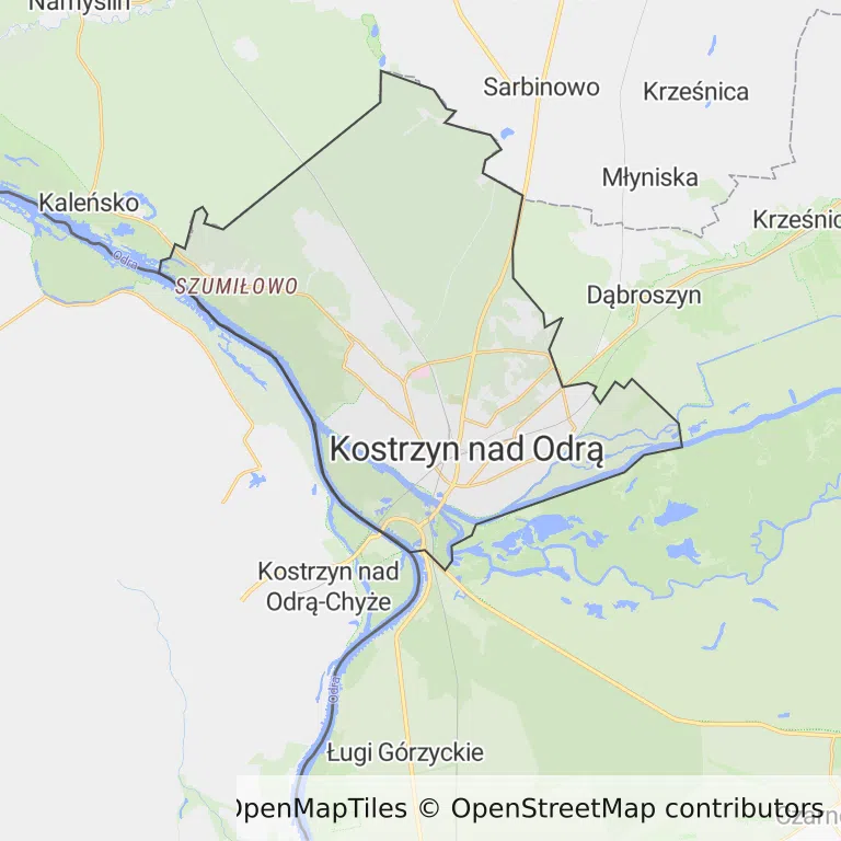 Mapa z zaznaczonym Kostrzynie nad Odrą
